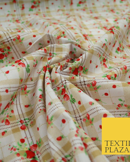 Strawberries Check Tartan Beige Printed Poly Cotton Fabric Polycotton Craft 6384