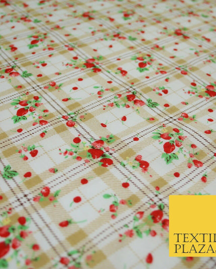 Strawberries Check Tartan Beige Printed Poly Cotton Fabric Polycotton Craft 6384