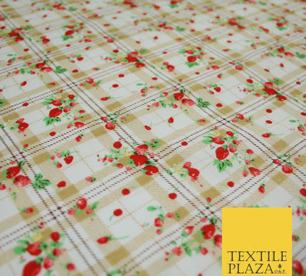 Strawberries Check Tartan Beige Printed Poly Cotton Fabric Polycotton Craft 6384