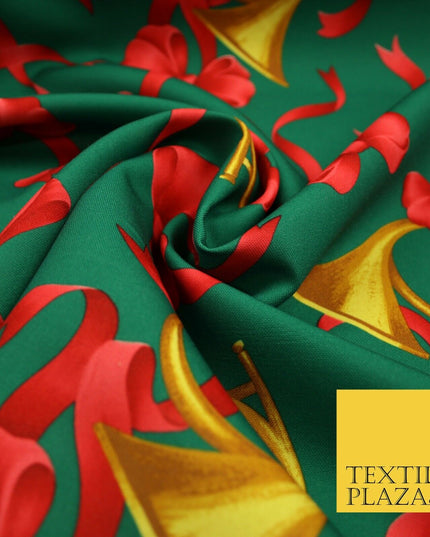 Christmas Festive Green Red Gold Bows Horn Bi-Stretch Fabric Tablecloth 58" 6385