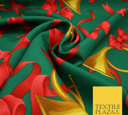 Christmas Festive Green Red Gold Bows Horn Bi-Stretch Fabric Tablecloth 58" 6385