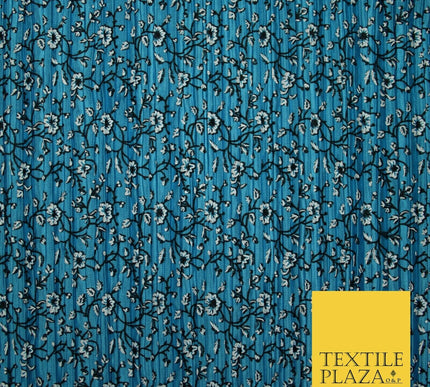 Turquoise Blue Floral Ditsy Print Pleated Plisse Satin Stretch Dress Fabric 6477