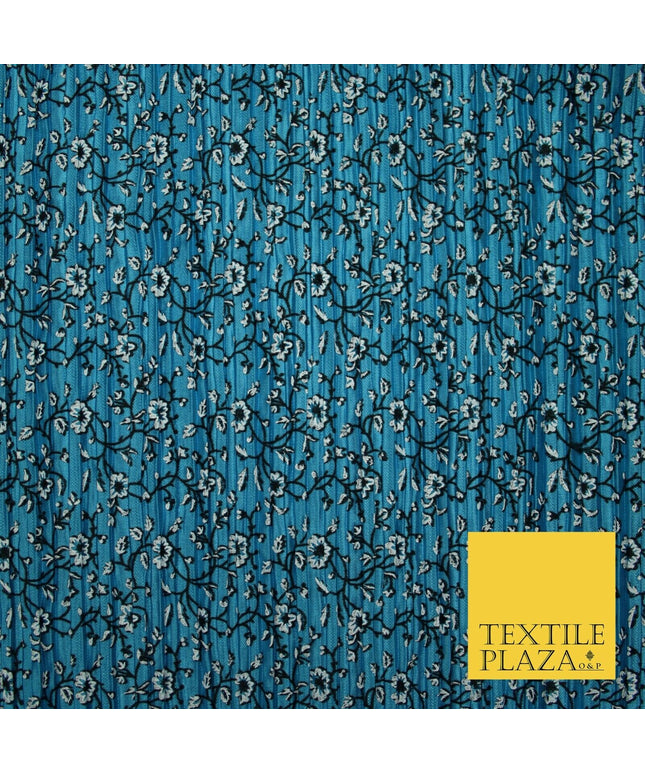 Turquoise Blue Floral Ditsy Print Pleated Plisse Satin Stretch Dress Fabric 6477