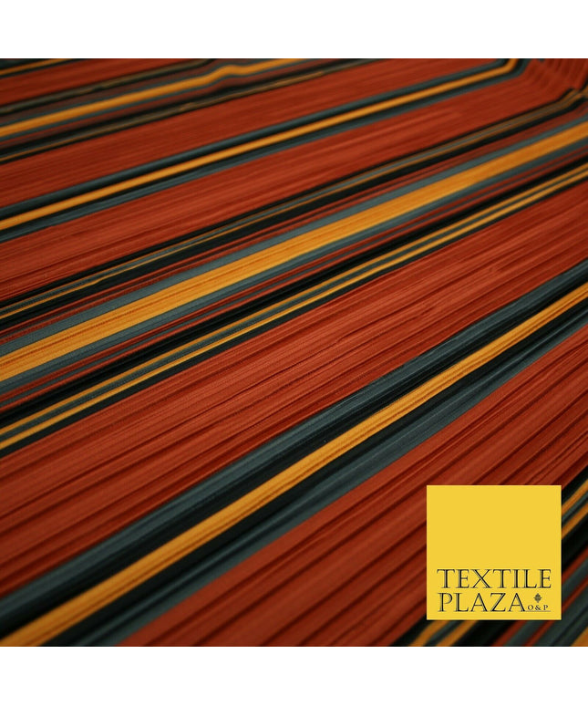 Terracotta Rust Multi Striped Barcode Lines Printed Pleated Plisse Fabric 6481