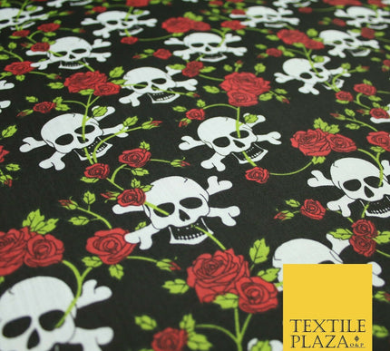 Black Skull & Cross Bones Roses Pirate Halloween Printed Polycotton Fabric 6474