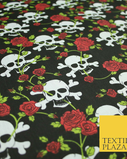 Black Skull & Cross Bones Roses Pirate Halloween Printed Polycotton Fabric 6474