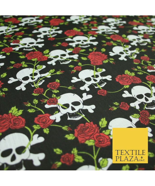Black Skull & Cross Bones Roses Pirate Halloween Printed Polycotton Fabric 6474