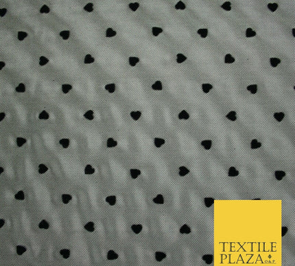 Jet Black Mini Hearts Valentine Flocked Power Mesh Net Stretch Dress Fabric 6480