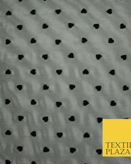 Jet Black Mini Hearts Valentine Flocked Power Mesh Net Stretch Dress Fabric 6480