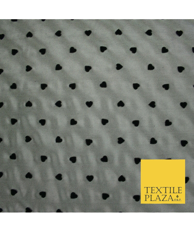 Jet Black Mini Hearts Valentine Flocked Power Mesh Net Stretch Dress Fabric 6480
