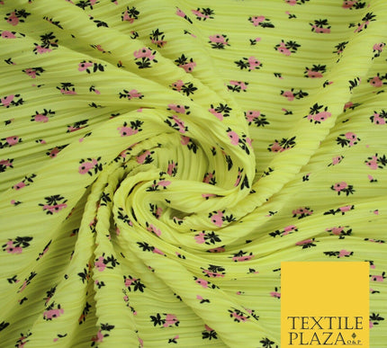 Lemon & Pink Mini Floral Print Pleated Plisse Satin Stretch Dress Fabric 6478