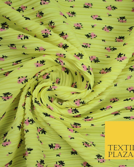 Lemon & Pink Mini Floral Print Pleated Plisse Satin Stretch Dress Fabric 6478