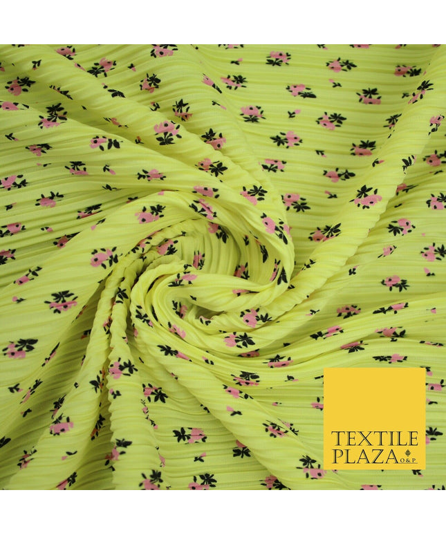 Lemon & Pink Mini Floral Print Pleated Plisse Satin Stretch Dress Fabric 6478