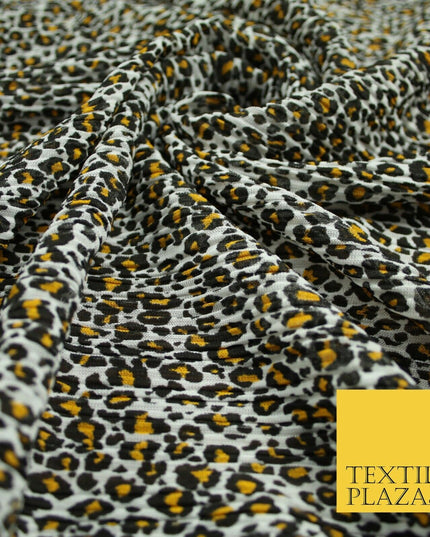 White Mustard Animal Leopard Printed Pleated Plisse Georgette Dress Fabric 6483