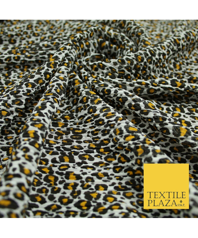 White Mustard Animal Leopard Printed Pleated Plisse Georgette Dress Fabric 6483