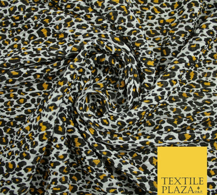 White Mustard Animal Leopard Printed Pleated Plisse Georgette Dress Fabric 6483