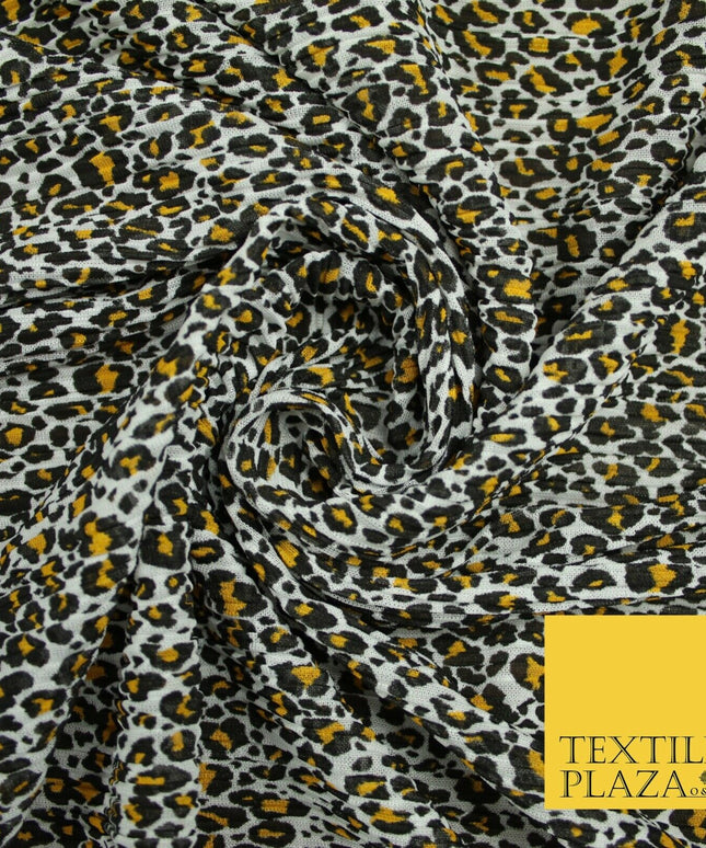 White Mustard Animal Leopard Printed Pleated Plisse Georgette Dress Fabric 6483