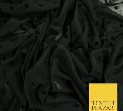 Jet Black Mini Hearts Valentine Flocked Power Mesh Net Stretch Dress Fabric 6480