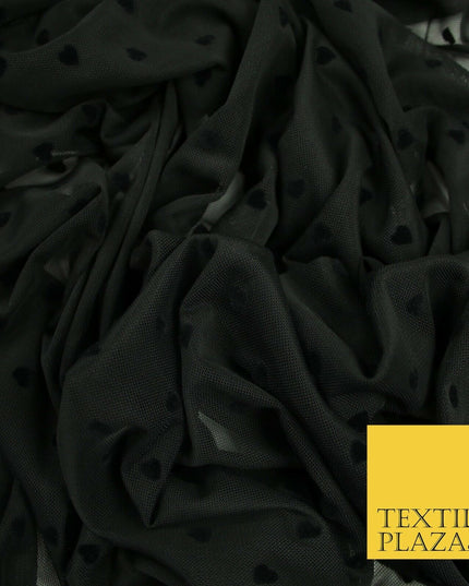 Jet Black Mini Hearts Valentine Flocked Power Mesh Net Stretch Dress Fabric 6480