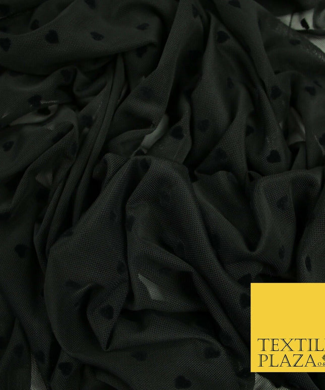 Jet Black Mini Hearts Valentine Flocked Power Mesh Net Stretch Dress Fabric 6480