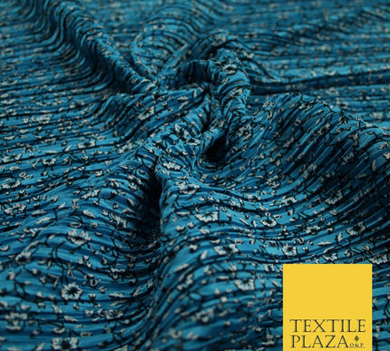 Turquoise Blue Floral Ditsy Print Pleated Plisse Satin Stretch Dress Fabric 6477