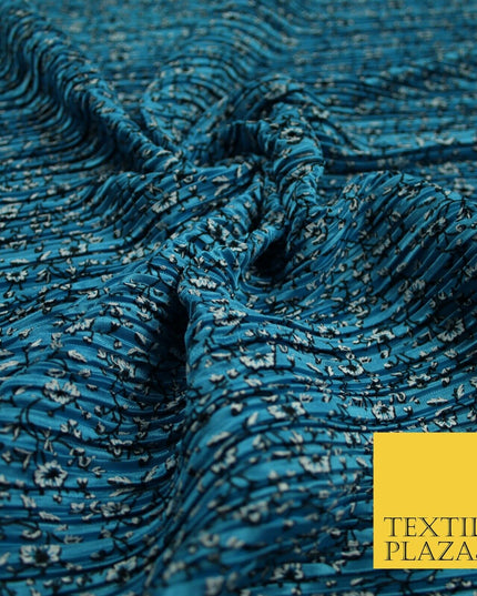 Turquoise Blue Floral Ditsy Print Pleated Plisse Satin Stretch Dress Fabric 6477
