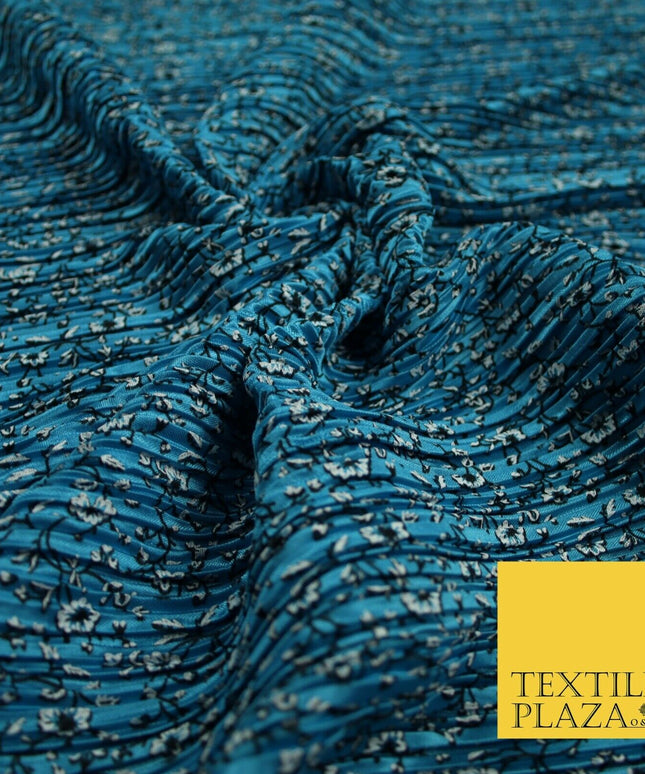 Turquoise Blue Floral Ditsy Print Pleated Plisse Satin Stretch Dress Fabric 6477