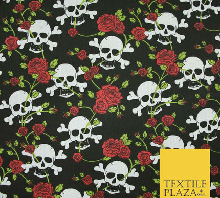 Black Skull & Cross Bones Roses Pirate Halloween Printed Polycotton Fabric 6474