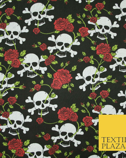 Black Skull & Cross Bones Roses Pirate Halloween Printed Polycotton Fabric 6474