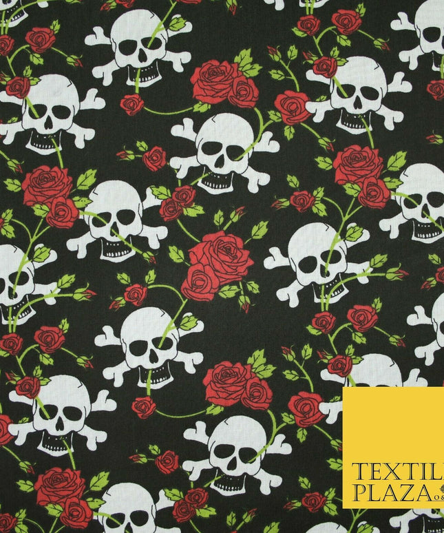 Black Skull & Cross Bones Roses Pirate Halloween Printed Polycotton Fabric 6474