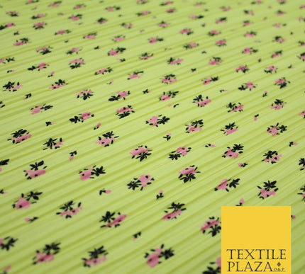 Lemon & Pink Mini Floral Print Pleated Plisse Satin Stretch Dress Fabric 6478