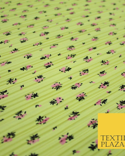 Lemon & Pink Mini Floral Print Pleated Plisse Satin Stretch Dress Fabric 6478