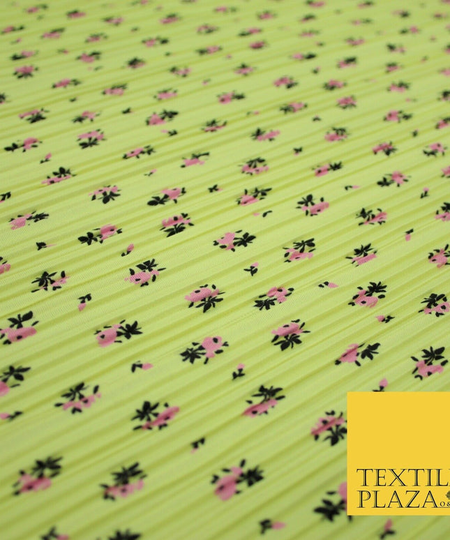 Lemon & Pink Mini Floral Print Pleated Plisse Satin Stretch Dress Fabric 6478
