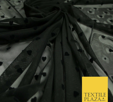 Jet Black Mini Hearts Valentine Flocked Power Mesh Net Stretch Dress Fabric 6480