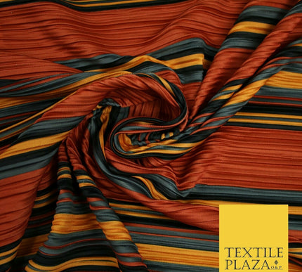 Terracotta Rust Multi Striped Barcode Lines Printed Pleated Plisse Fabric 6481