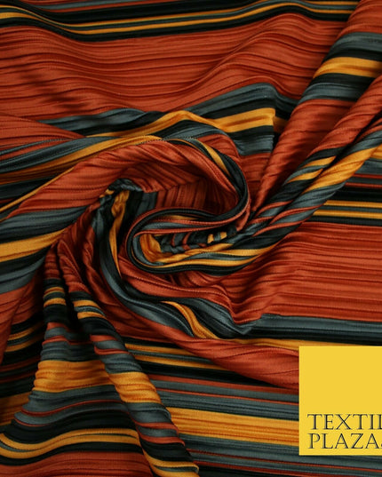 Terracotta Rust Multi Striped Barcode Lines Printed Pleated Plisse Fabric 6481