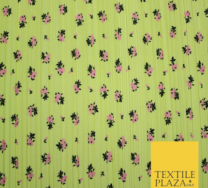 Lemon & Pink Mini Floral Print Pleated Plisse Satin Stretch Dress Fabric 6478