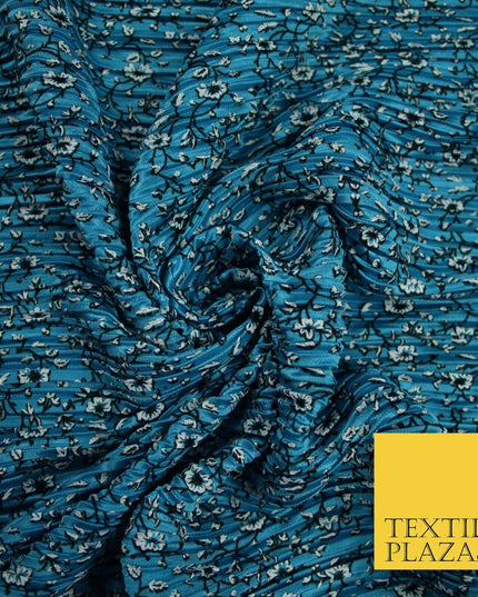 Turquoise Blue Floral Ditsy Print Pleated Plisse Satin Stretch Dress Fabric 6477