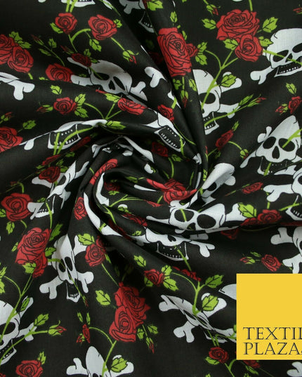 Black Skull & Cross Bones Roses Pirate Halloween Printed Polycotton Fabric 6474