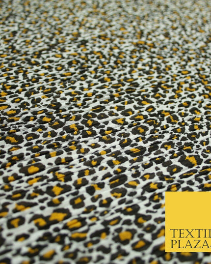 White Mustard Animal Leopard Printed Pleated Plisse Georgette Dress Fabric 6483