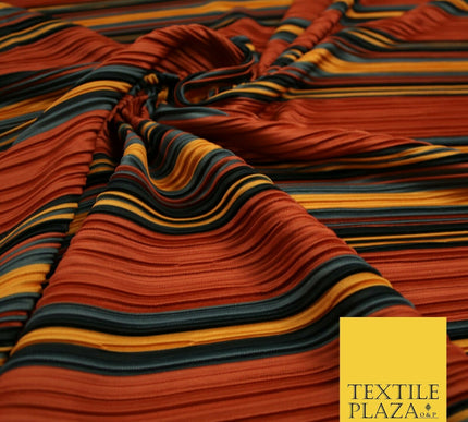 Terracotta Rust Multi Striped Barcode Lines Printed Pleated Plisse Fabric 6481
