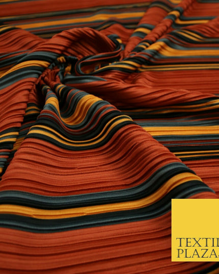 Terracotta Rust Multi Striped Barcode Lines Printed Pleated Plisse Fabric 6481