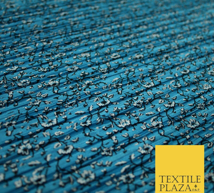 Turquoise Blue Floral Ditsy Print Pleated Plisse Satin Stretch Dress Fabric 6477