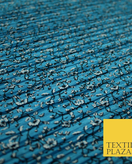 Turquoise Blue Floral Ditsy Print Pleated Plisse Satin Stretch Dress Fabric 6477