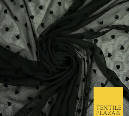 Jet Black Mini Hearts Valentine Flocked Power Mesh Net Stretch Dress Fabric 6480