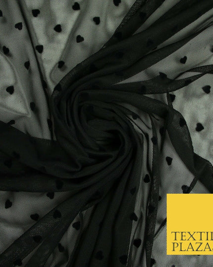 Jet Black Mini Hearts Valentine Flocked Power Mesh Net Stretch Dress Fabric 6480