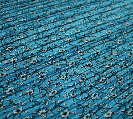 Turquoise Blue Floral Ditsy Print Pleated Plisse Satin Stretch Dress Fabric 6477
