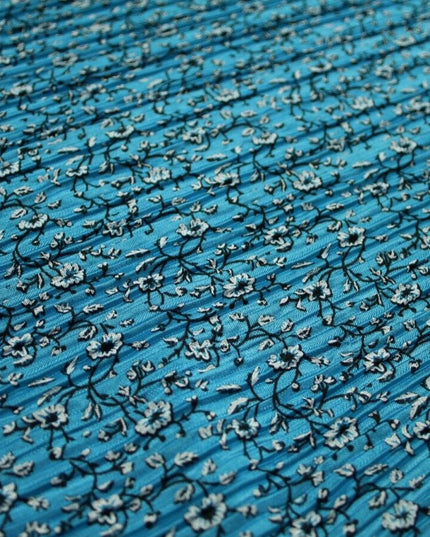 Turquoise Blue Floral Ditsy Print Pleated Plisse Satin Stretch Dress Fabric 6477