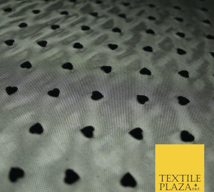 Jet Black Mini Hearts Valentine Flocked Power Mesh Net Stretch Dress Fabric 6480