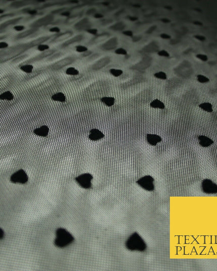 Jet Black Mini Hearts Valentine Flocked Power Mesh Net Stretch Dress Fabric 6480